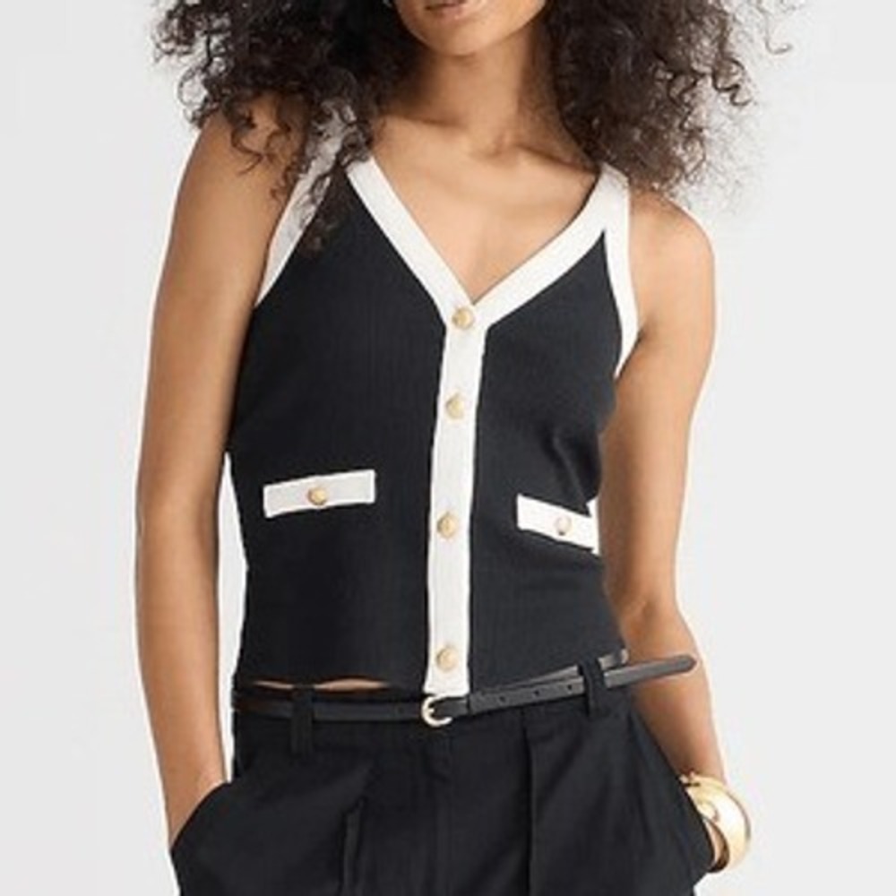 J.Crew Sweater Rib Lady Tank Women XS Black White Contrast‎ Button Trim